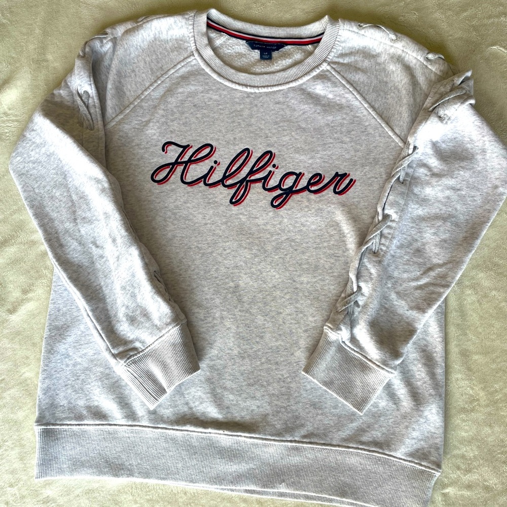 Tommy Hilfiger Women’s Sweatshirt Gray With Logo Size Small Lace Up Sleeves